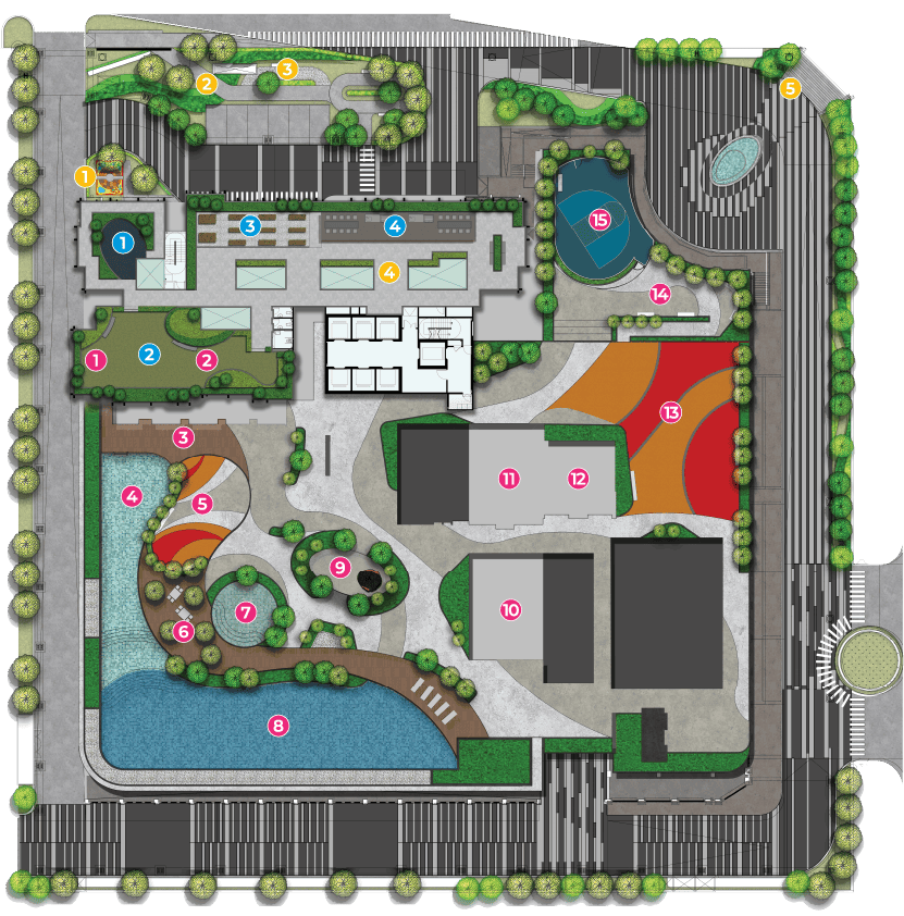 The Aldenz Damansara Perdana facilities plan showing the pool deck, gym and landscaped podium