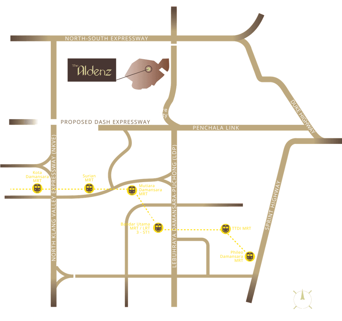 The Aldenz Damansara Perdana location map showing Kota Damansara, Surian, Mutiara Damansara, Bandar Utama, TTDI and Phileo Damansara MRT stations and surrounding highways