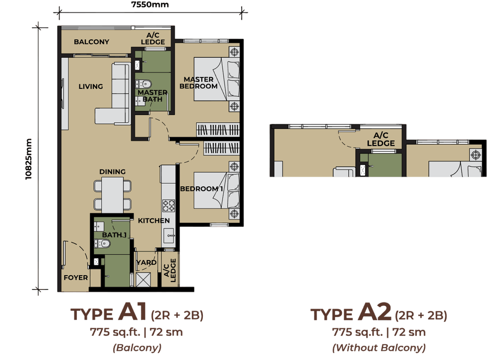 The Aldenz Type A floor plan, 775 sq ft, 2 bedrooms