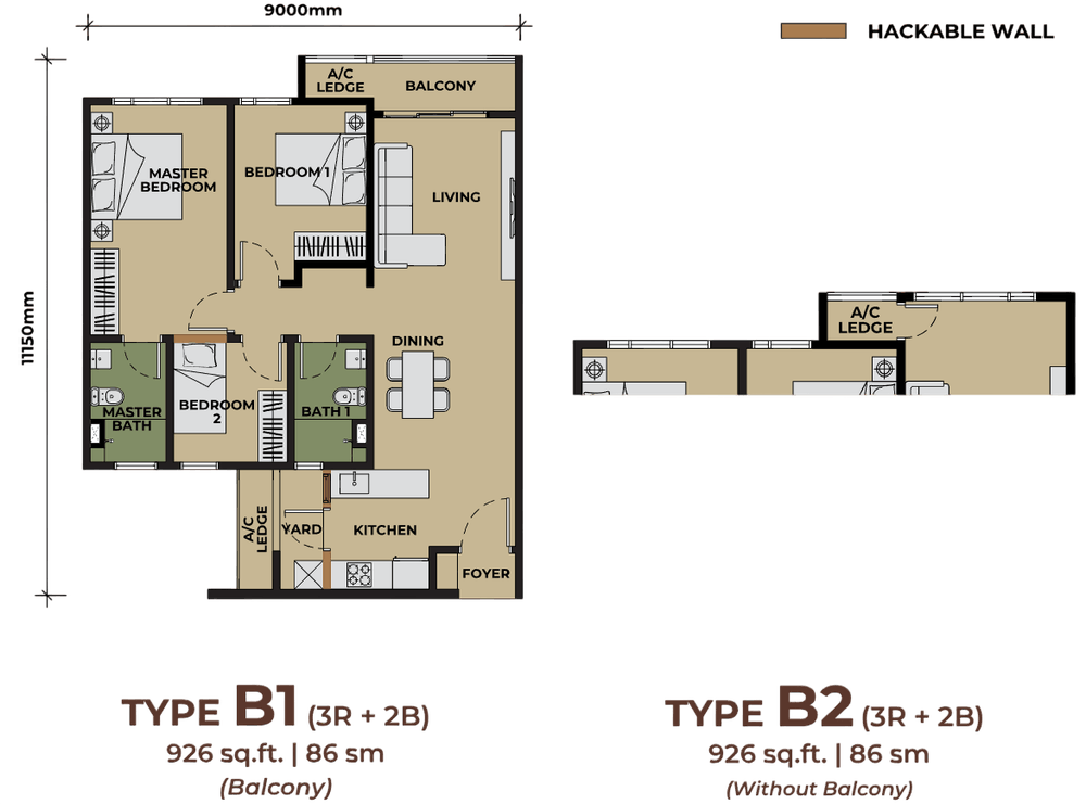 The Aldenz Type B floor plan, 926 sq ft, 3 bedrooms, hackable wall