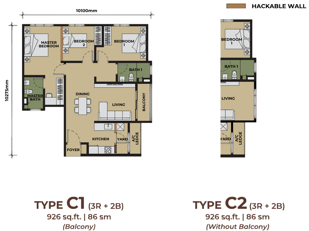 The Aldenz Type C floor plan, 926 sq ft, 3 bedrooms, hackable wall