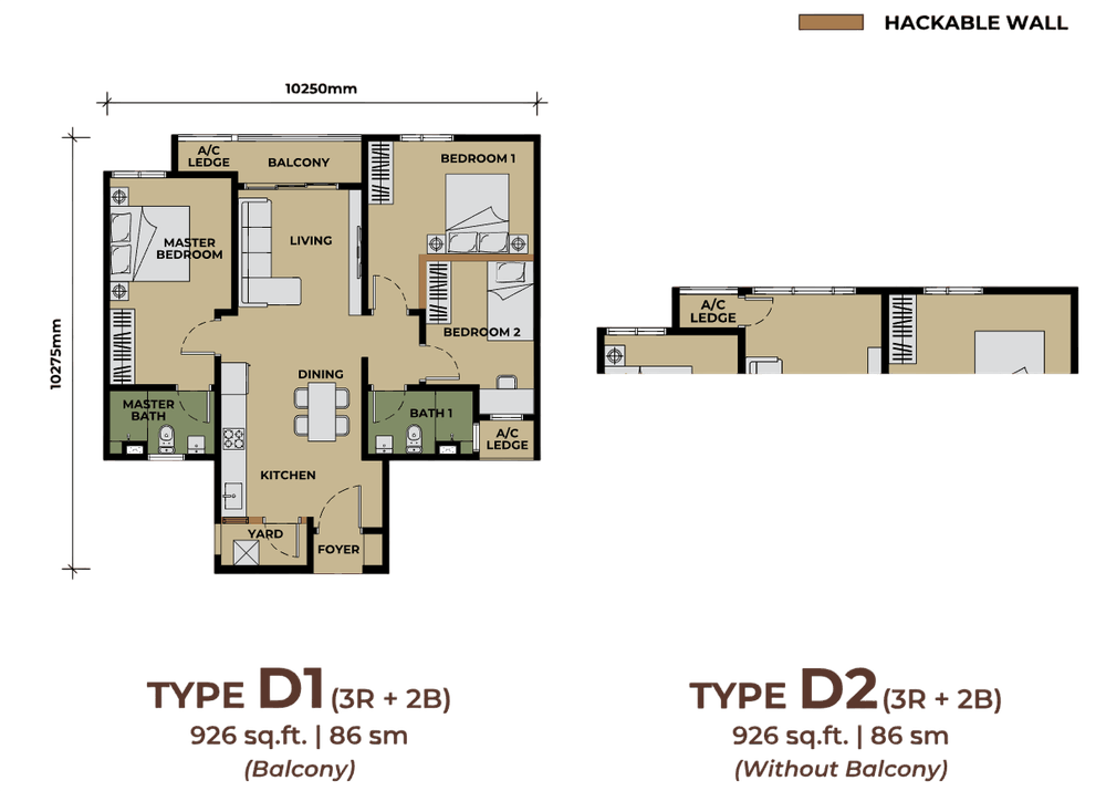 The Aldenz Type D floor plan, 926 sq ft, 3 bedrooms, hackable wall