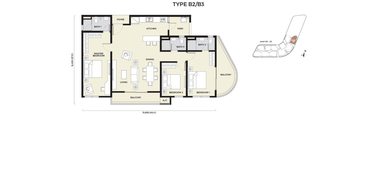 Daya Residence Phase 2 condominium Type B2 and B3 floor plans — 3 bedrooms