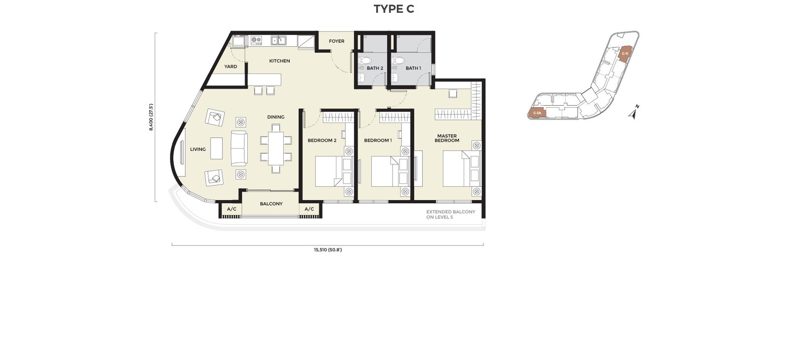 Daya Residence Phase 2 condominium Type C floor plan — 3 bedrooms