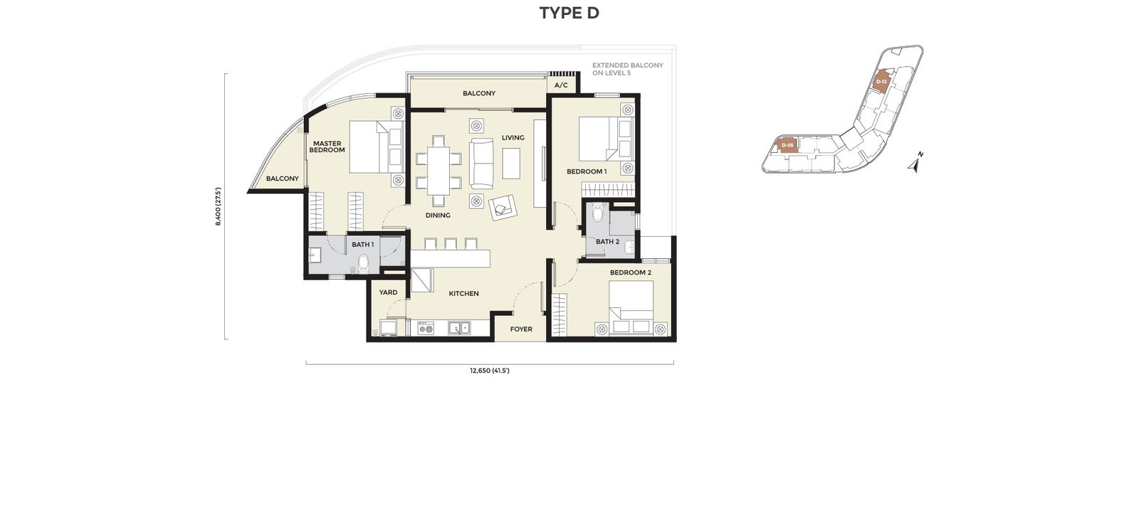 Daya Residence Phase 2 condominium Type D floor plan — 3 bedrooms