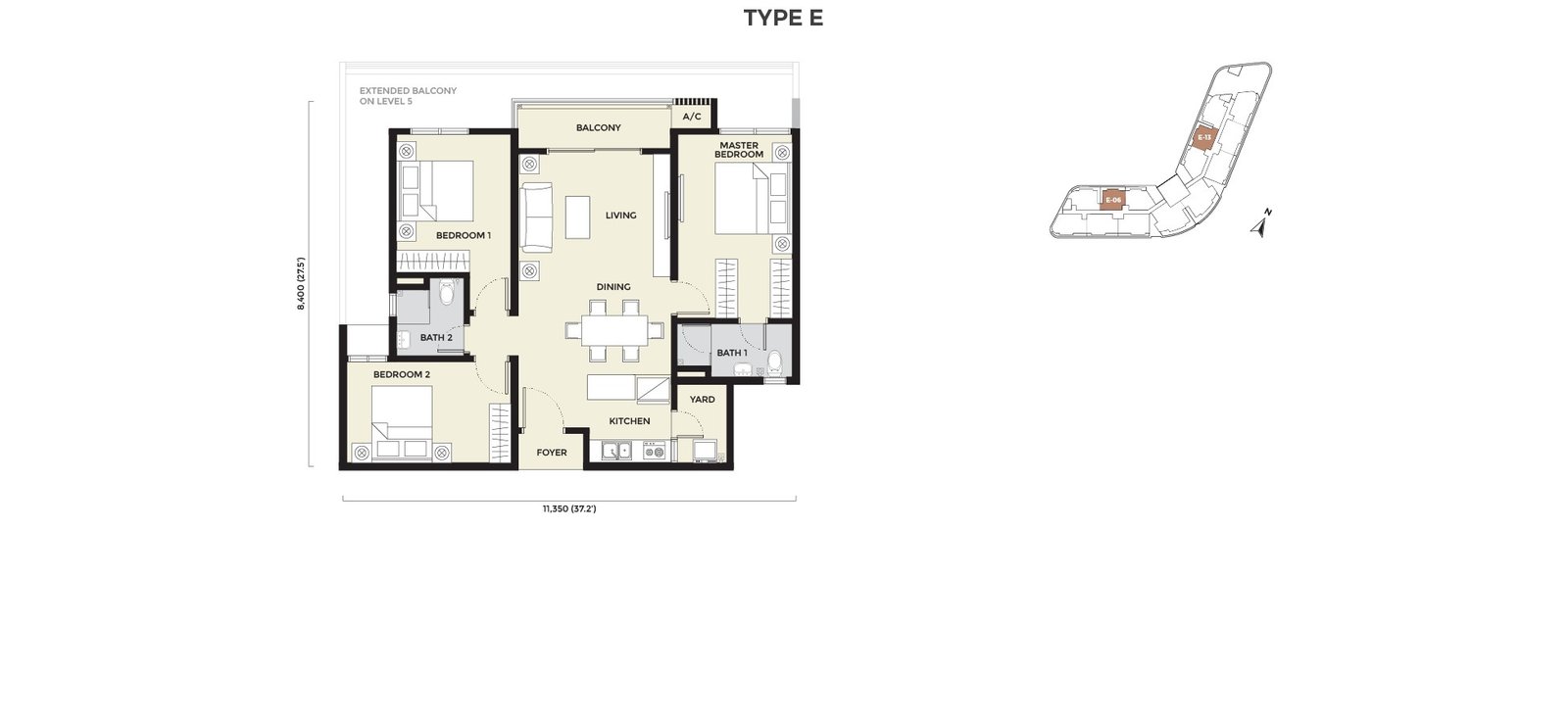 Daya Residence Phase 2 condominium Type E floor plan — 947 sq ft, 3 bedrooms