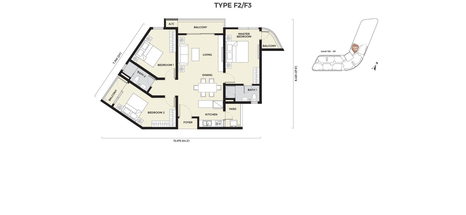 Daya Residence Phase 2 condominium Type F2 and F3 floor plans — 3 bedrooms