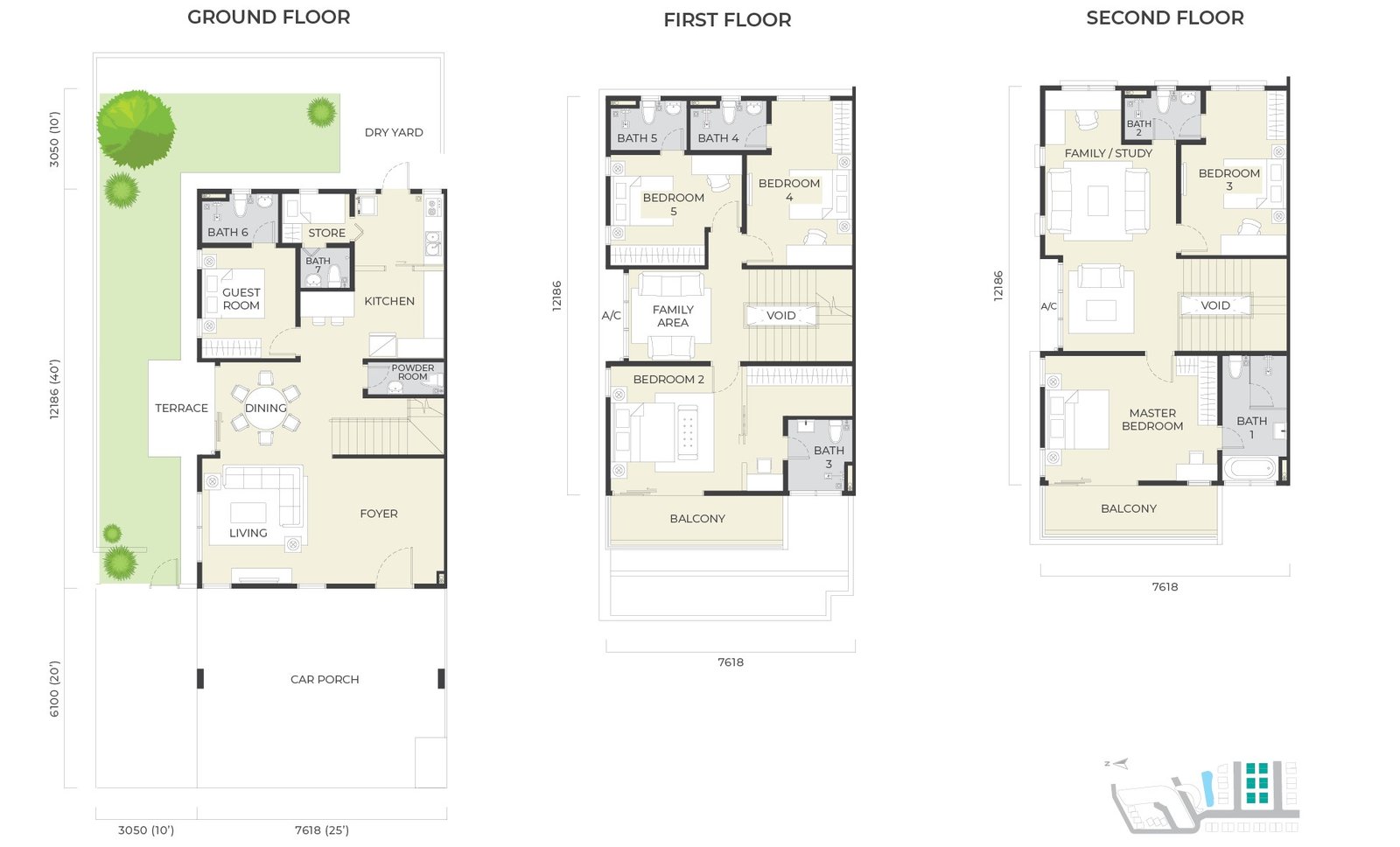 Daya Residence Phase 1 Semi-D Type A floor plan — ground, first and second floors, six bedrooms