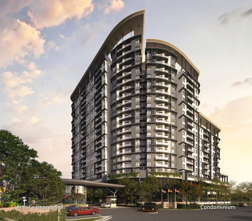 Daya Residence Kwasa Damansara condominium tower facade at dusk