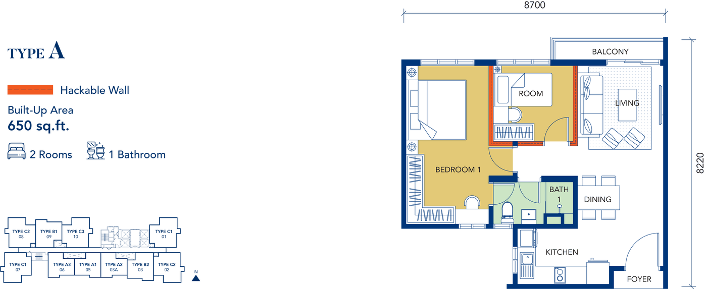 Gen Starz Type A floor plan, 650 sq ft, 2 rooms