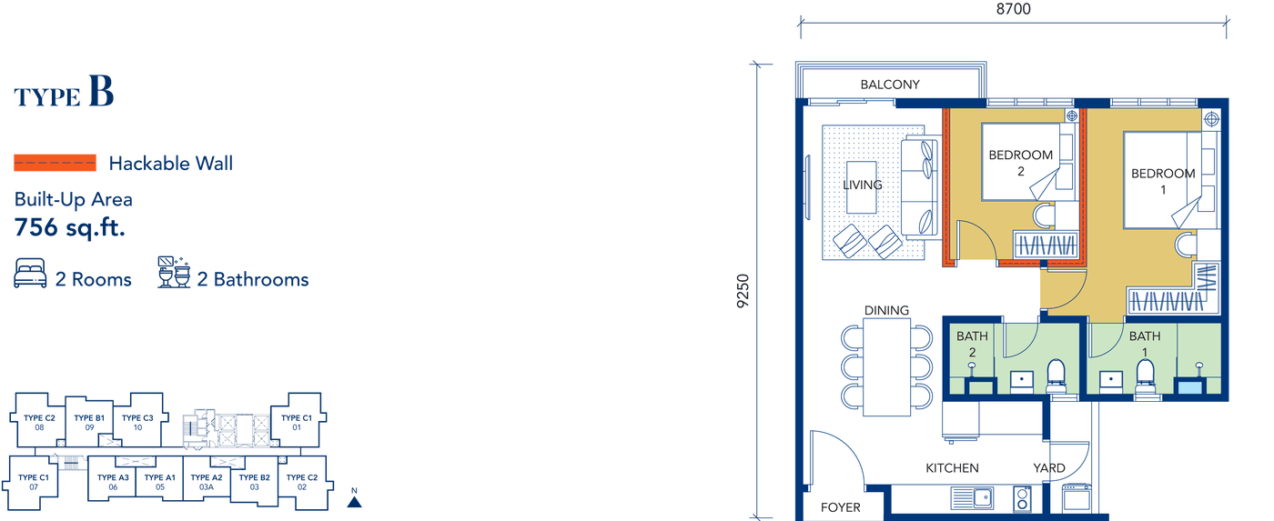 Gen Starz Type B floor plan, 756 sq ft, 2 rooms, 2 bathrooms