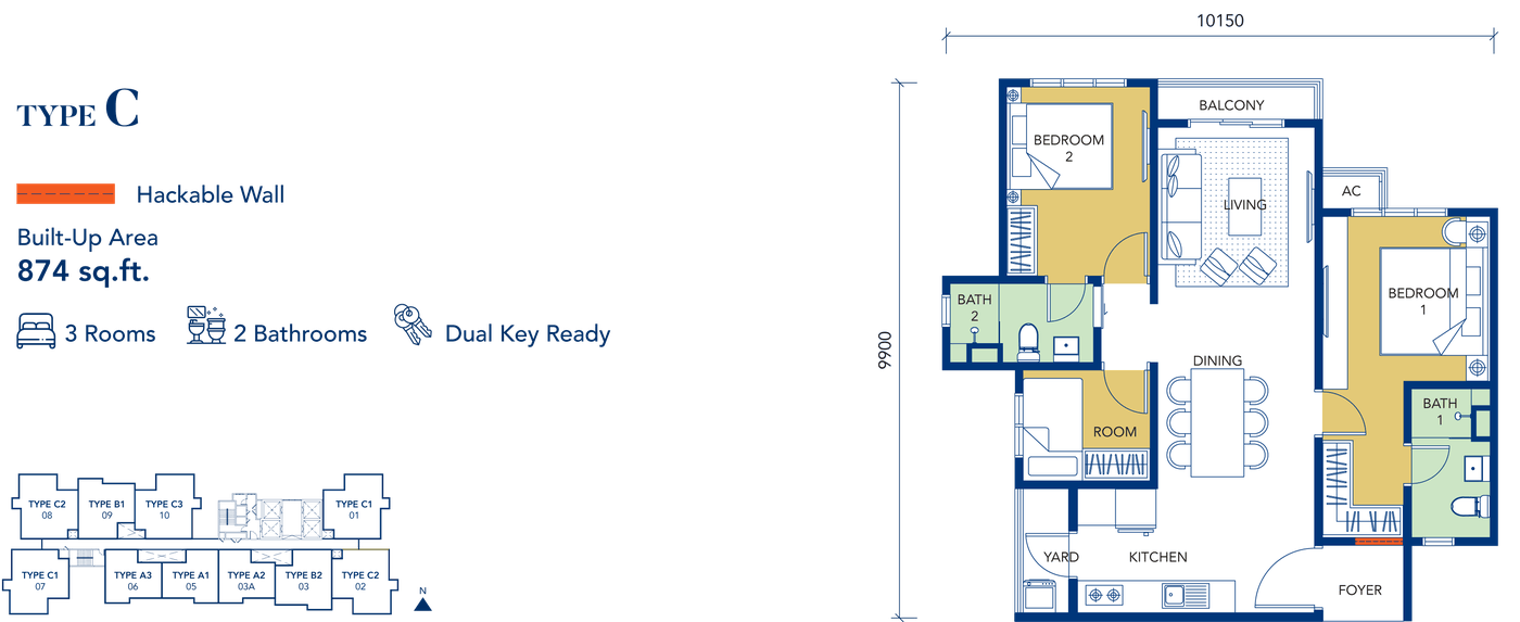Gen Starz Type C floor plan, 874 sq ft, 3 rooms, dual-key ready