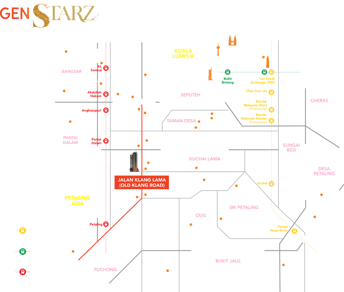 Gen Starz Old Klang Road location map showing KL Sentral, Abdullah Hukum, Angkasapuri, Pantai Dalam and Petaling stations, the proposed MRT3 line, and surrounding Kuala Lumpur neighbourhoods