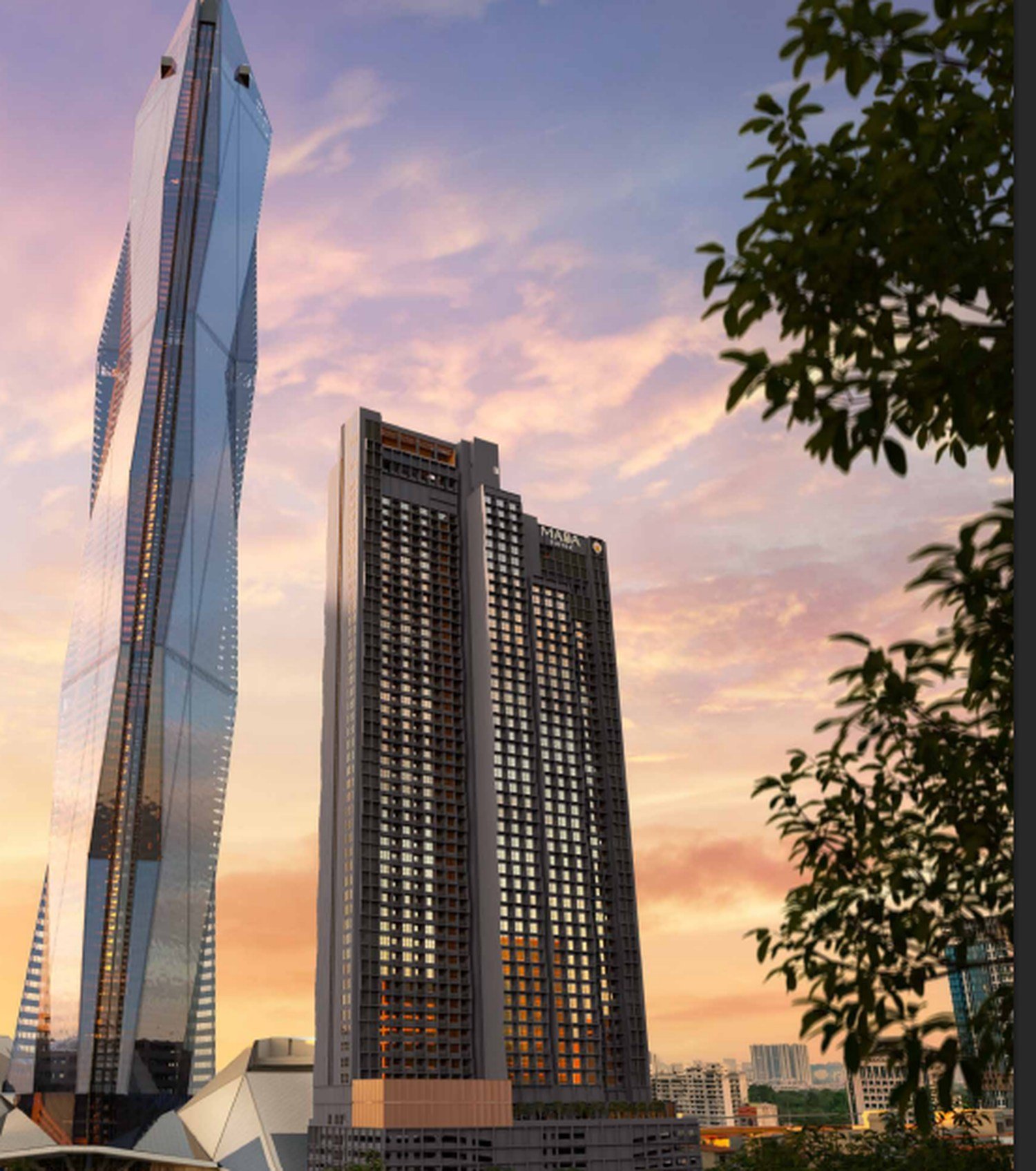 MABA Suitez twin-tower facade beside Merdeka 118 at dusk