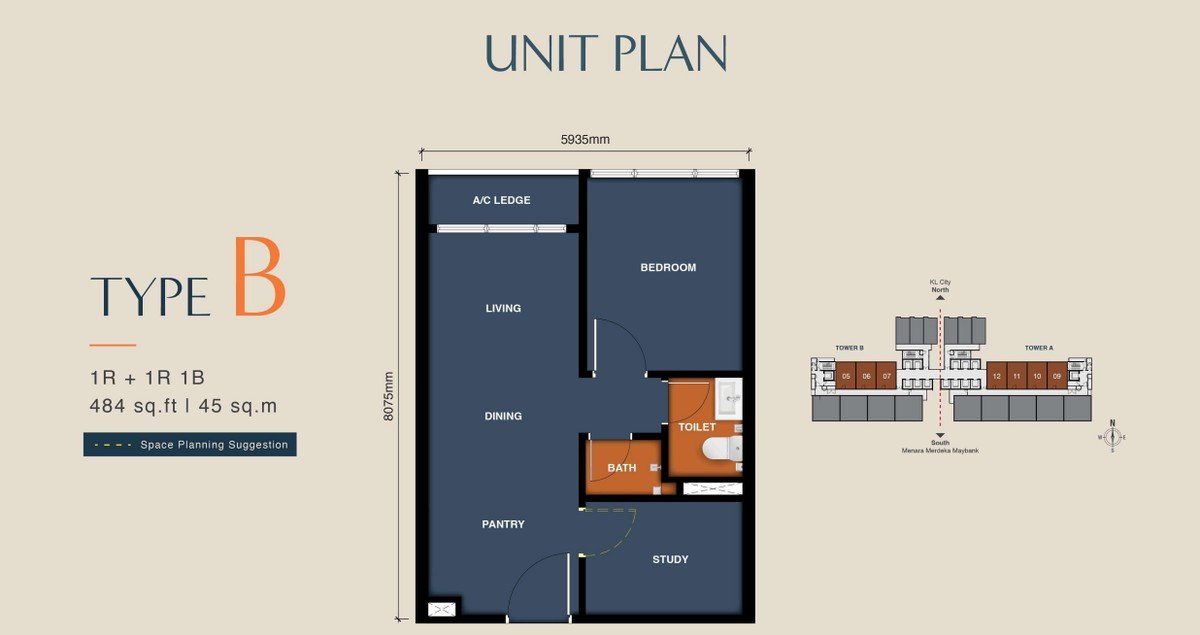 MABA Suitez Type B floor plan - 484 sq ft, 1+1 bedroom, 1 bathroom