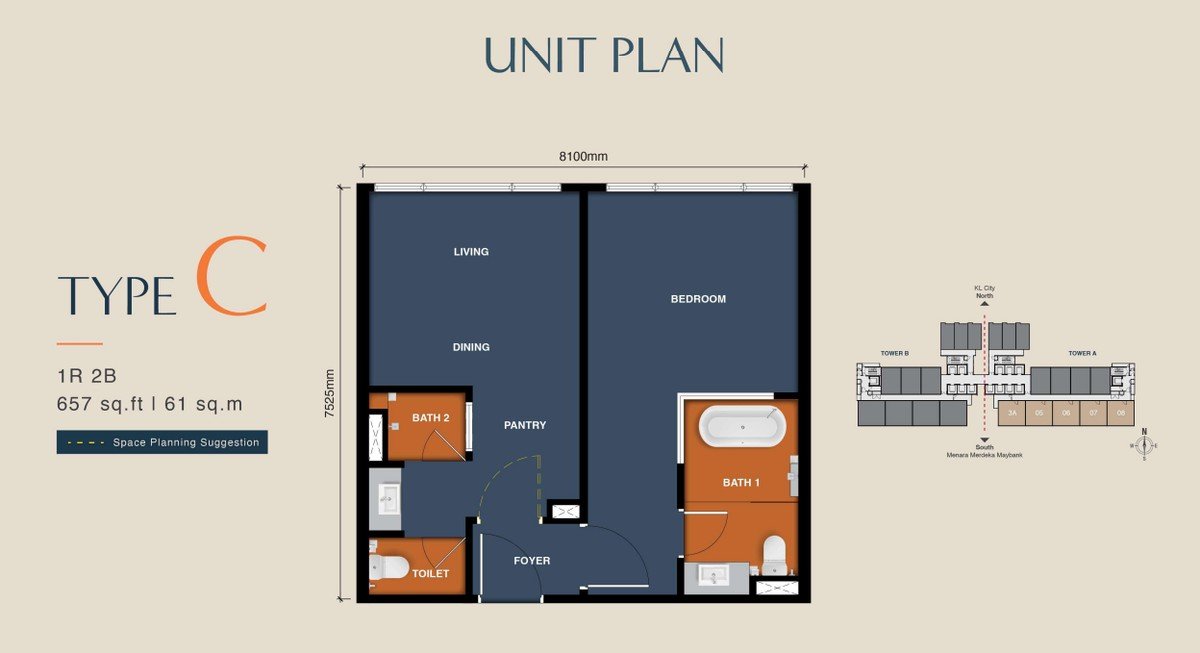 MABA Suitez Type C floor plan - 657 sq ft, 1 bedroom, 2 bathrooms