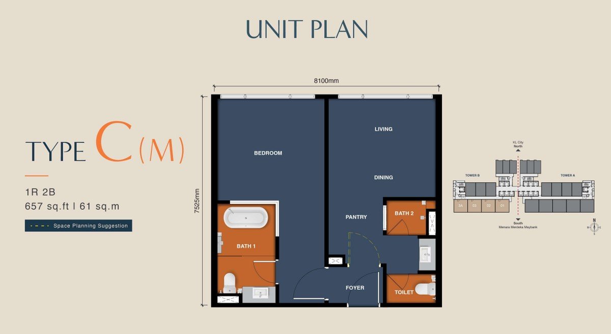 MABA Suitez Type C(M) floor plan - 657 sq ft, 1 bedroom, 2 bathrooms, mirror layout