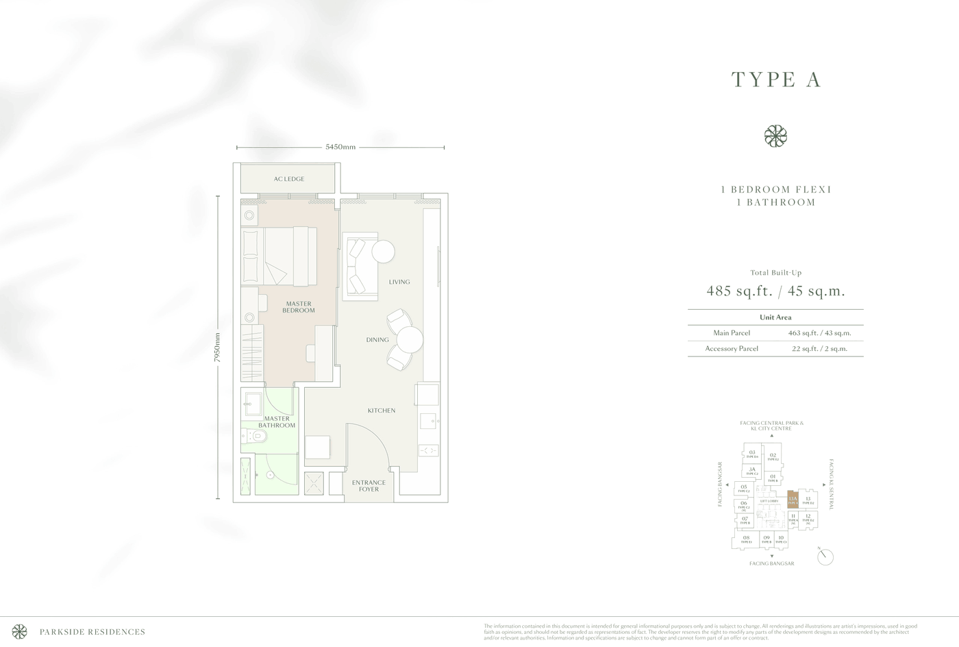 Parkside Residences Type A floor plan, 485 sq ft, 1 bedroom flexi