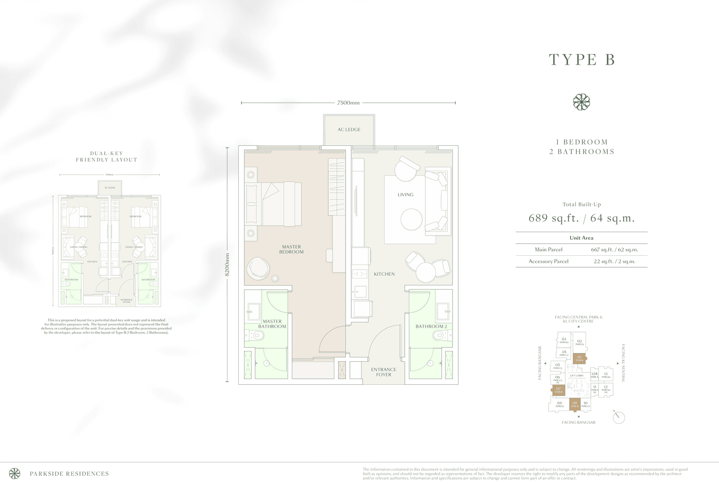 Parkside Residences Type B floor plan, 689 sq ft, 1 bedroom, dual-key friendly