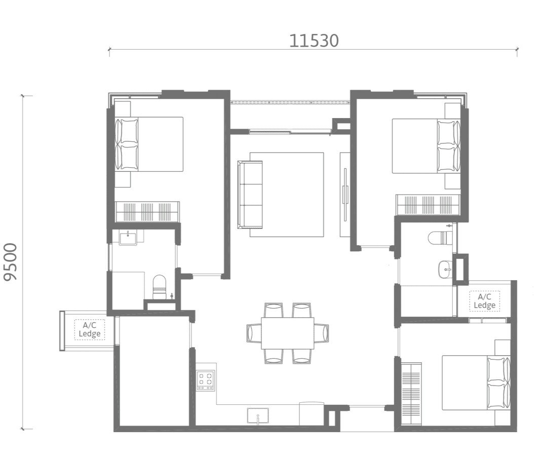 Ren Residence Type B1 floor plan 1050 sq ft