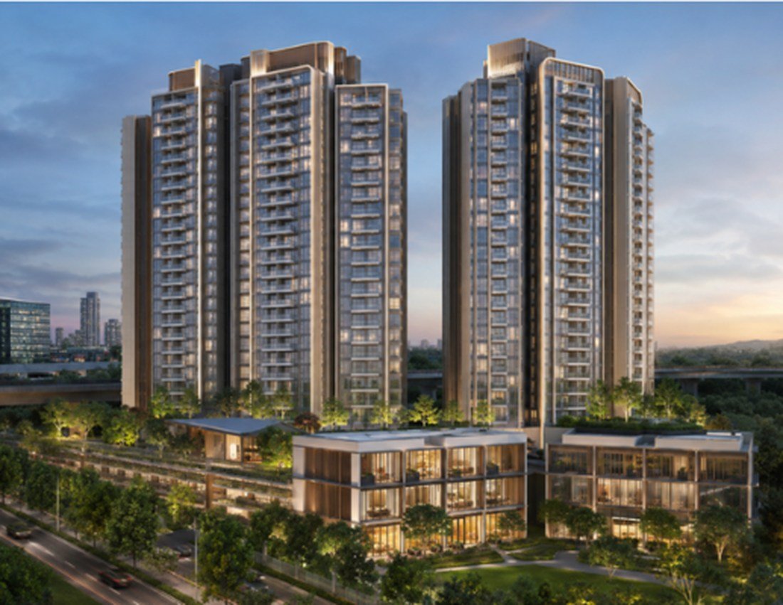 RIA Sunsuria Kwasa Damansara twin-tower facade at dusk