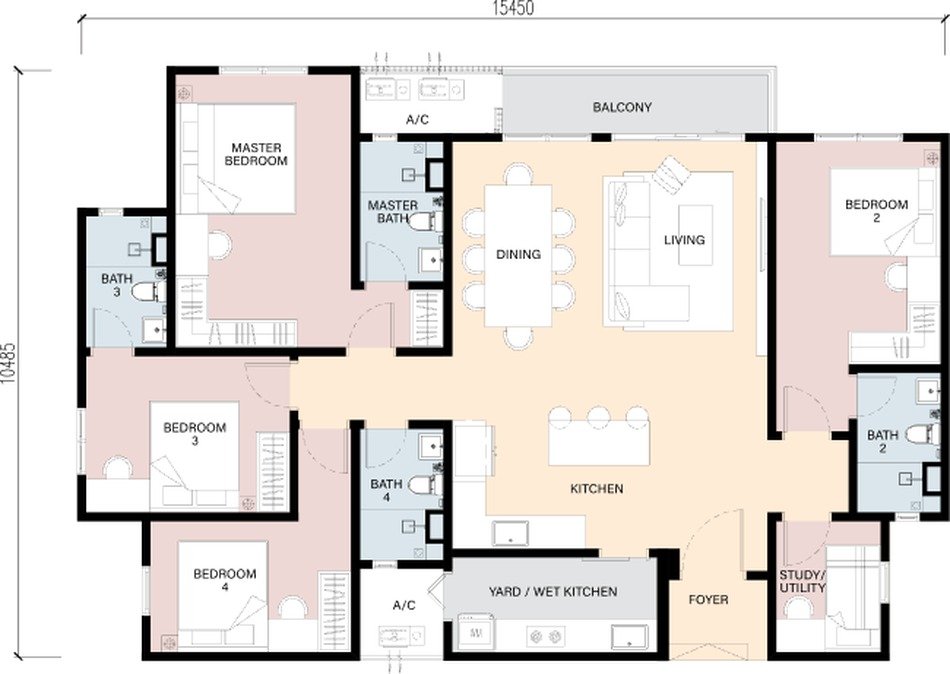 RIA Sunsuria Type C floor plan — 1,604 sq ft, 4 bedrooms, 4 bathrooms, study, balcony