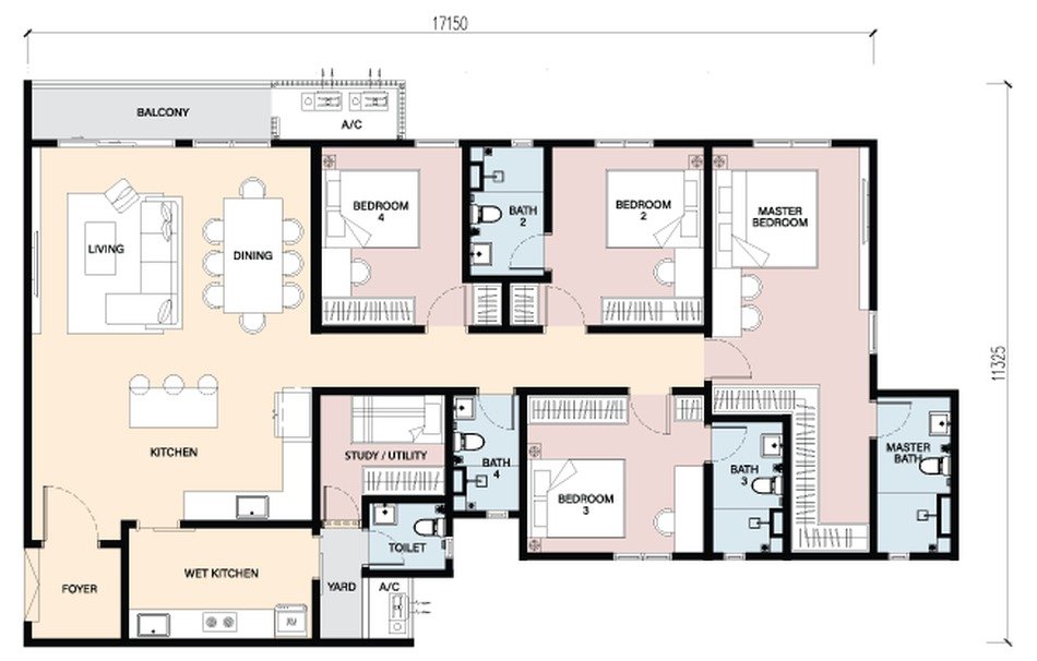 RIA Sunsuria Type D floor plan — 1,841 sq ft, 4+1 bedrooms, 5 bathrooms, study, balcony