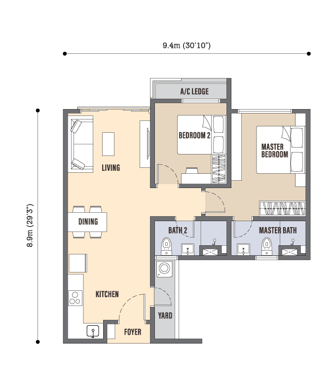 Skyline Kuchai Type B floor plan, 730 sq ft, 2 bedrooms