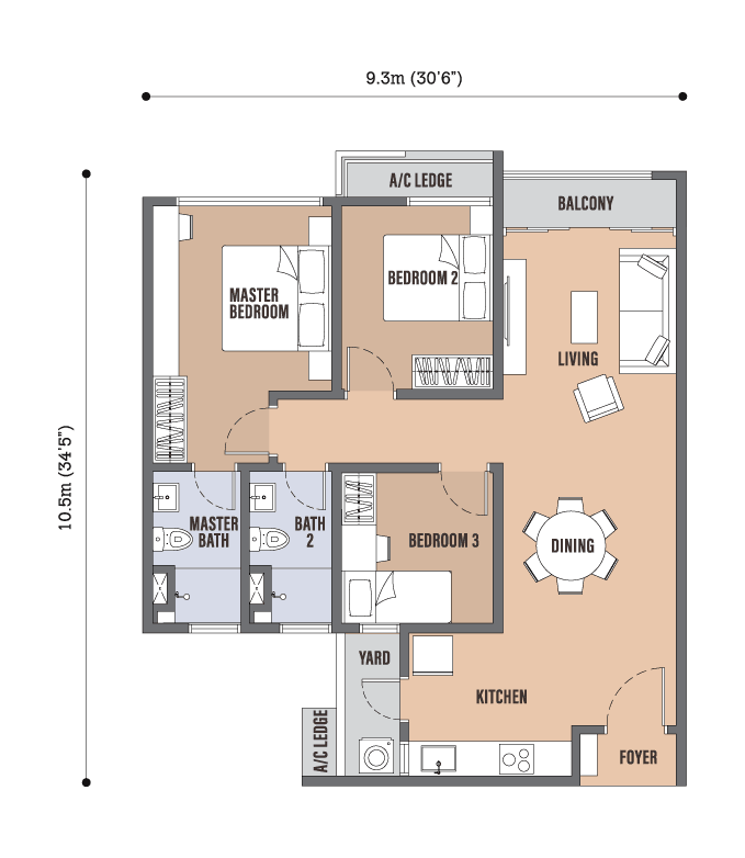 Skyline Kuchai Type C floor plan, 920 sq ft, 3 bedrooms