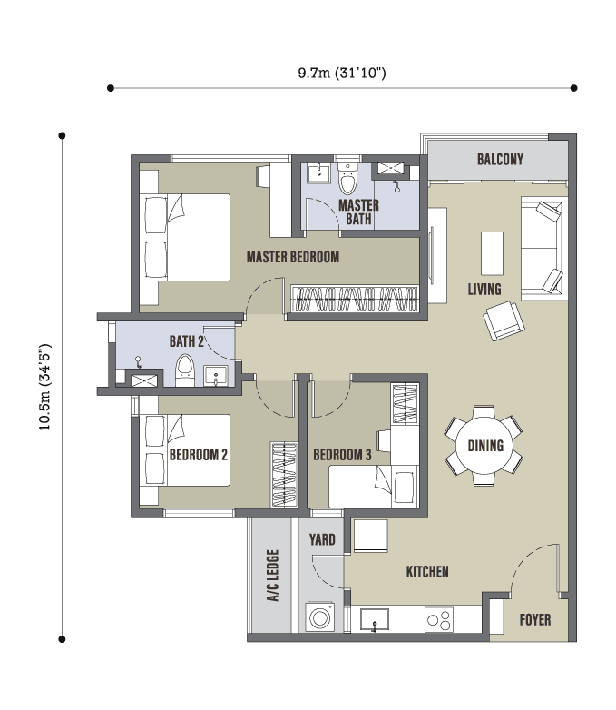 Skyline Kuchai Type D floor plan, 920 sq ft, 3 bedrooms