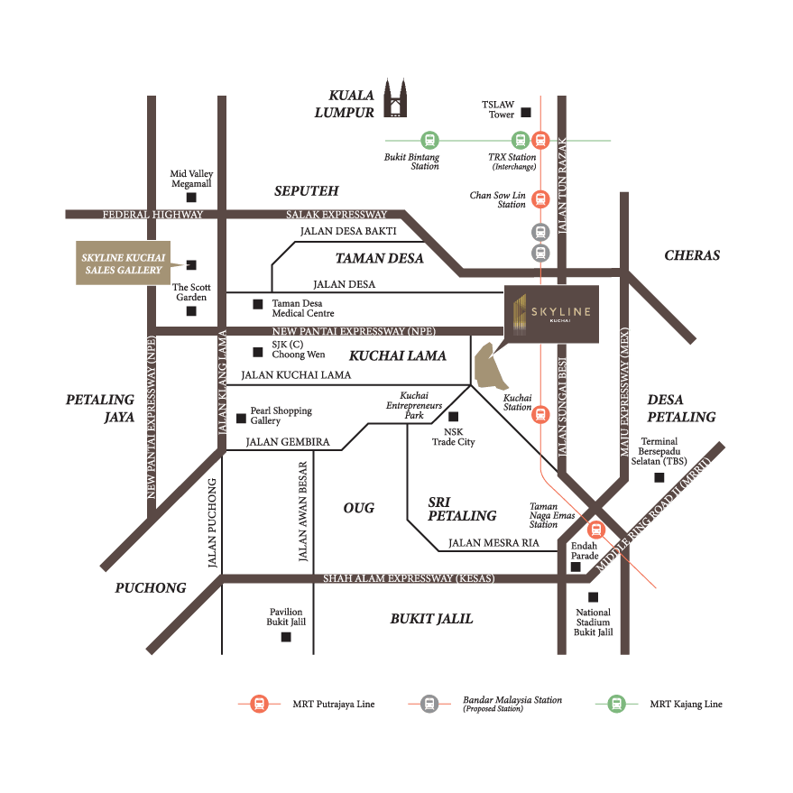 Skyline Kuchai location map showing MRT Kuchai station, TRX interchange, Chan Sow Lin, Bukit Bintang and surrounding Kuala Lumpur landmarks