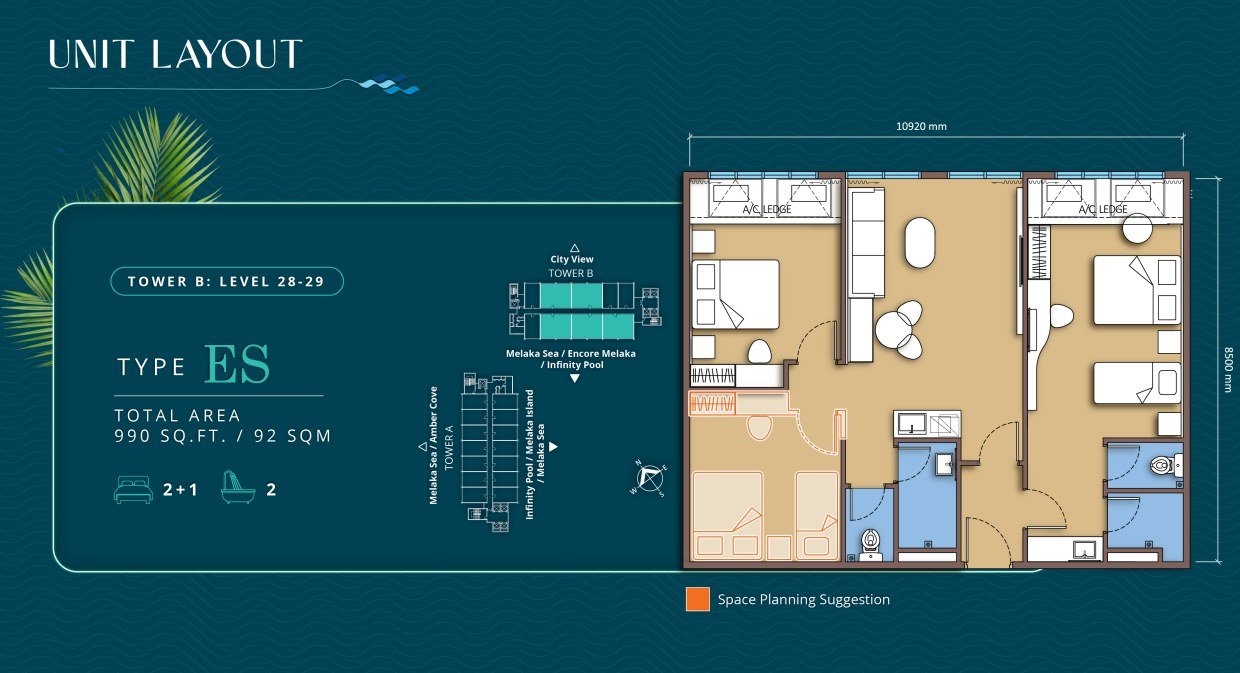 TagBay Suites Melaka Type ES layout — 990 sq ft suite, 2+1 bedrooms, 2 bathrooms, high floor with space-planning flexibility
