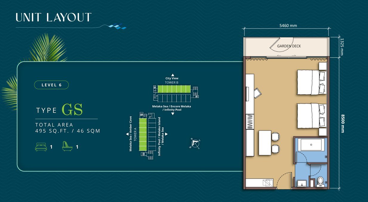 TagBay Suites Melaka Type GS layout — 495 sq ft suite, 1 bedroom, 1 bathroom, with a private garden deck