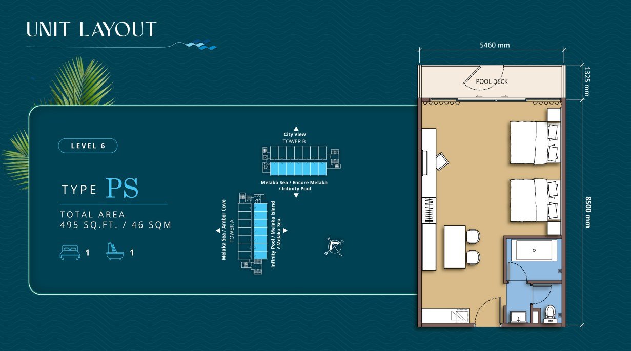 TagBay Suites Melaka Type PS layout — 495 sq ft suite, 1 bedroom, 1 bathroom, with a private pool deck