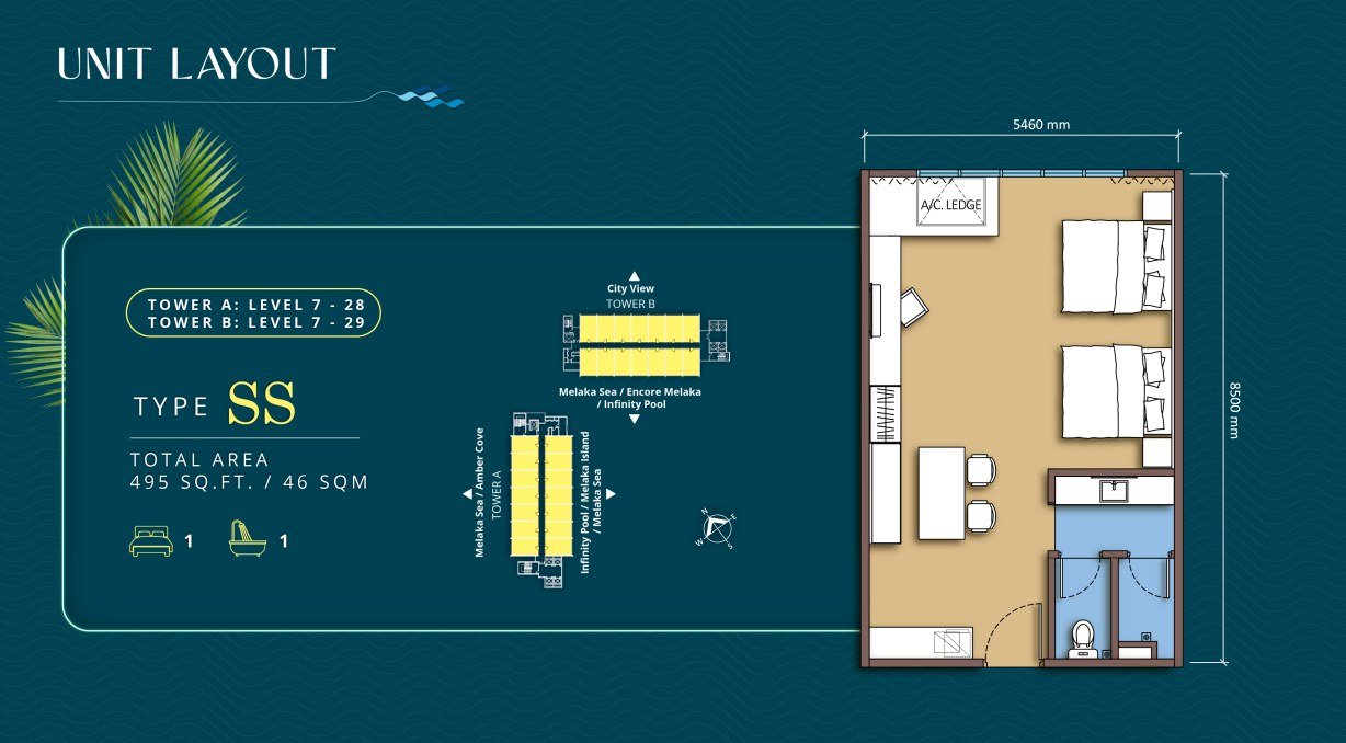 TagBay Suites Melaka Type SS layout — 495 sq ft suite, 1 bedroom, 1 bathroom, city view