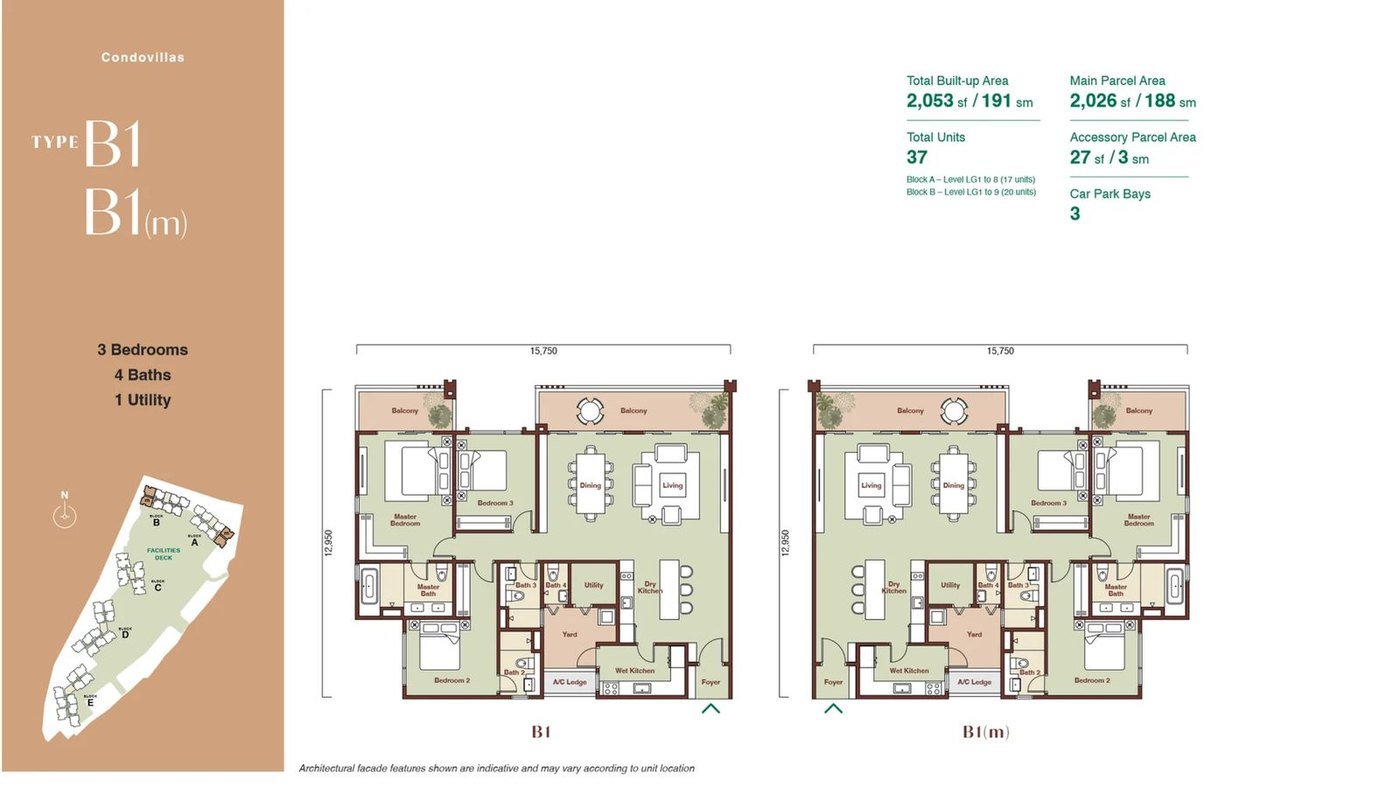 Zenia ParkCity Damansara CondoVilla Type B1 floor plan — 2,053 sq ft high-rise home, 3 bedrooms, 4 bathrooms, 1 utility, 3 car park bays