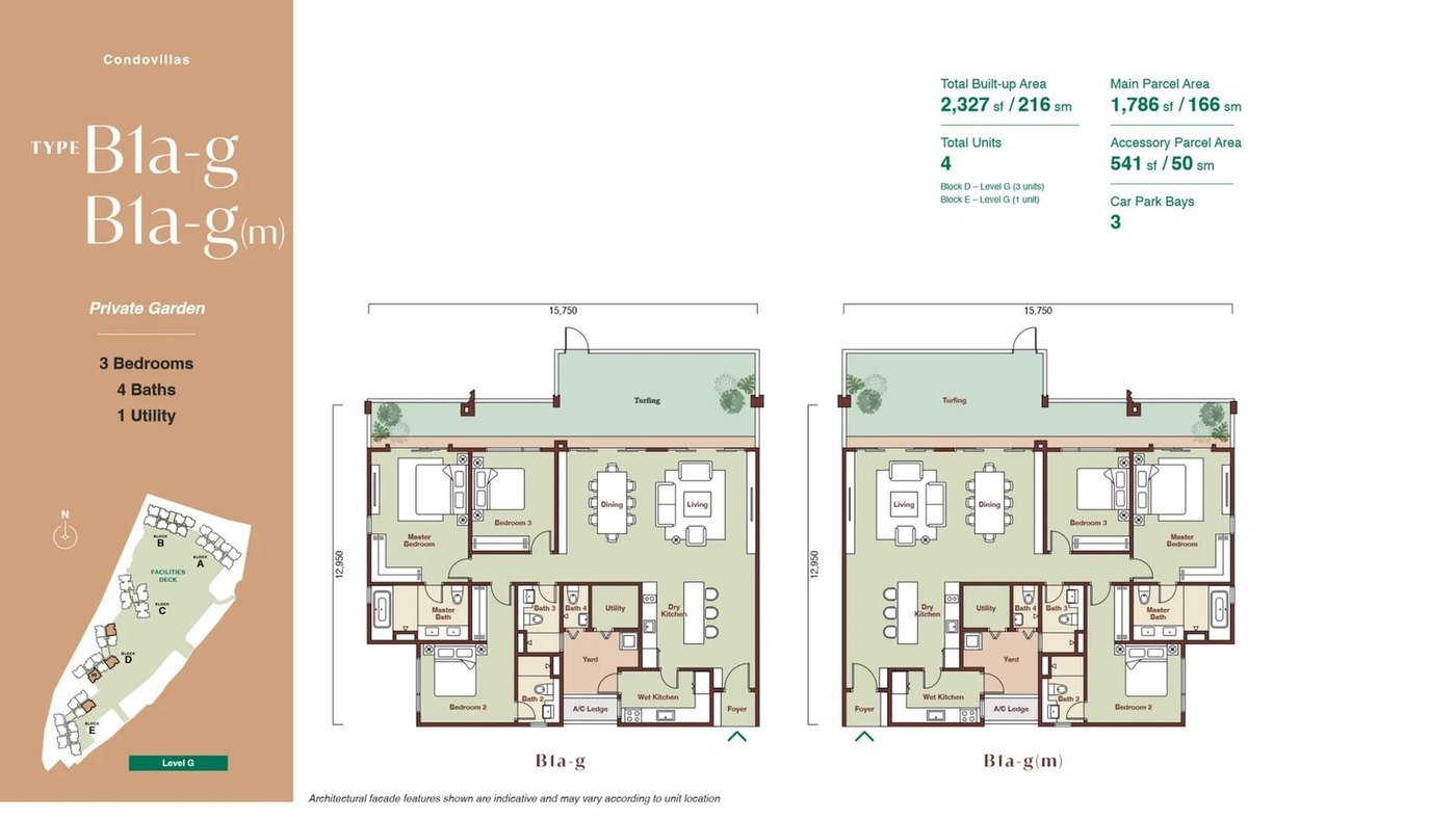 Zenia ParkCity Damansara CondoVilla Type B1a-g floor plan — 2,327 sq ft ground-floor home with private garden, 3 bedrooms, 4 bathrooms, 1 utility, 3 car park bays