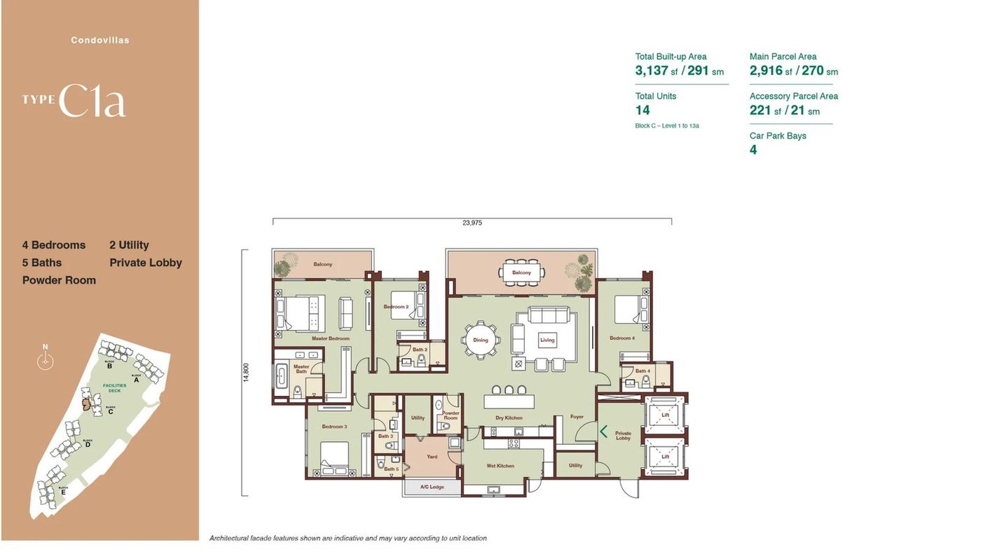 Zenia ParkCity Damansara CondoVilla Type C1a floor plan — 3,137 sq ft high-rise home, 4 bedrooms, 5 bathrooms, powder room, 2 utility, private lift, 4 car park bays