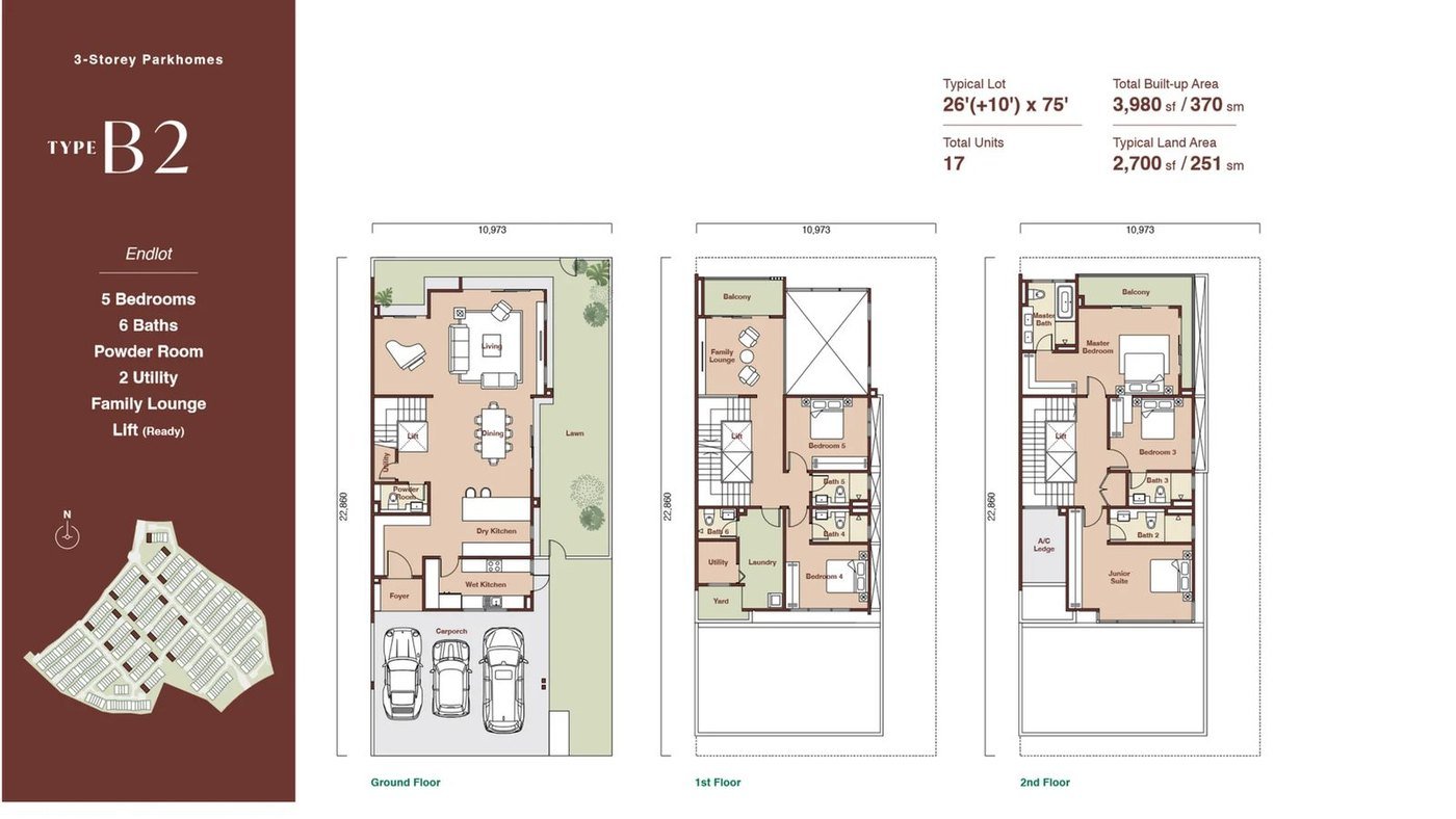 Zenia ParkCity Damansara ParkHome Type B2 floor plan — 3,980 sq ft endlot 3-storey landed home, 5 bedrooms, 6 bathrooms, lift-ready with family lounge and 2 utility rooms